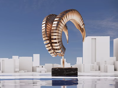 Golden Spiral Shaped Sculpture with Black Marble Base Amid White Buildings And Water Surface 3d model