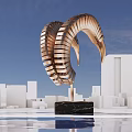 Golden Spiral Shaped Sculpture with Black Marble Base Amid White Buildings And Water Surface