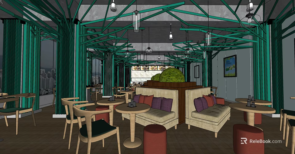 Cozy Bubble Tea Shop Interior With Green Wooden Structures Hanging Lights And Sofa Seating 3d model 
