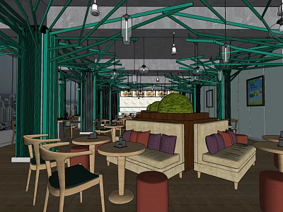 Cozy Bubble Tea Shop Interior With Green Wooden Structures Hanging Lights And Sofa Seating 3d model
