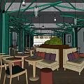 Cozy Bubble Tea Shop Interior With Green Wooden Structures Hanging Lights And Sofa Seating
