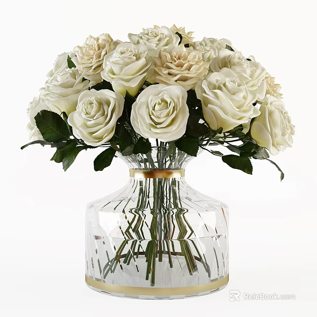 Transparent Glass Vase With Gold Trim Holding White Roses And Green Leaves 3d model 