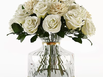 Transparent Glass Vase With Gold Trim Holding White Roses And Green Leaves 3d model