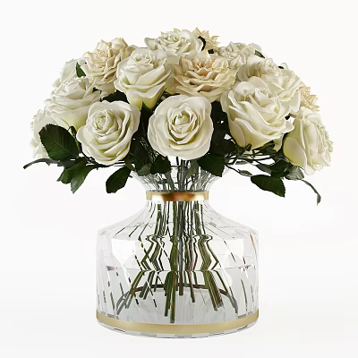 Transparent Glass Vase With Gold Trim Holding White Roses And Green Leaves 3d model