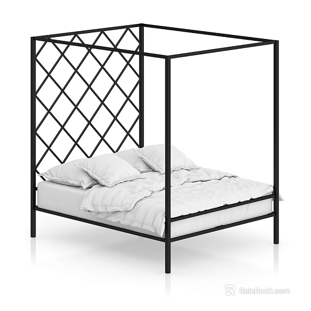 Modern Double Bed With Black Metal Frame Diamond Lattice Headboard And White Bedding 3d model 