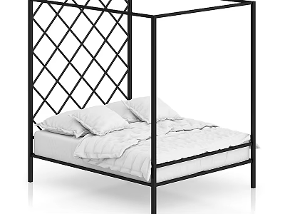 Modern Double Bed With Black Metal Frame Diamond Lattice Headboard And White Bedding 3d model