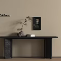 Minimalist Poliform Console Table With Bamboo Vase Picture Frame Books On Beige Wall Wooden Floor