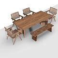 Modern Natural Wooden Dining Set With Rectangular Table Chairs And Bench 3d model