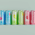 Six Different Colorful Canned Beverages in Blue Green Pink Hues with Patterned Labels