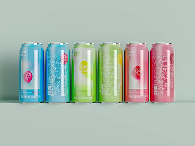 Six Different Colorful Canned Beverages in Blue Green Pink Hues with Patterned Labels 3d model