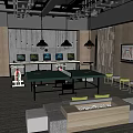 Modern Industrial Entertainment Room With Ping Pong Table Multiple TVs Gray Walls And Blue Carpet