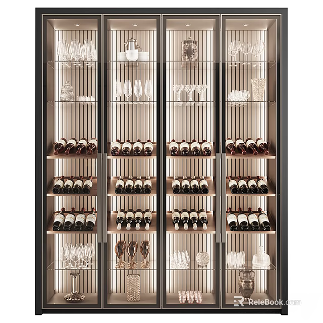 Modern Wine Cabinet Design With Multiple Shelves For Wine Bottles And Glassware 3d model 
