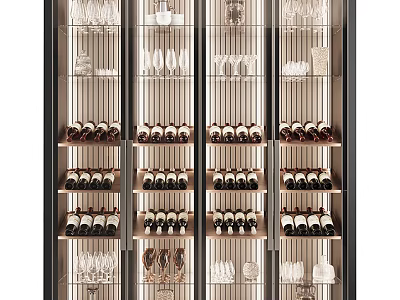 Modern Wine Cabinet Design With Multiple Shelves For Wine Bottles And Glassware 3d model