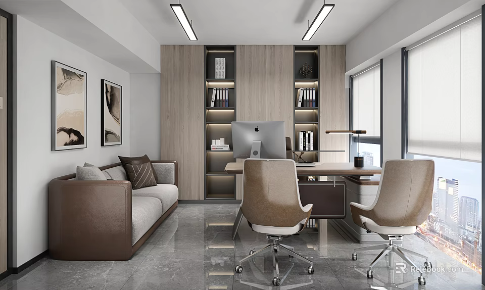 Modern Office Interior With Open Layout Sofa Bookshelf Desk And Computer 3d model