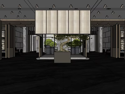 Modern Interior Space With Central Tree Bookshelves Ceiling Lights And Display Stand 3d model
