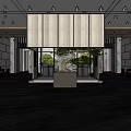 Modern Interior Space With Central Tree Bookshelves Ceiling Lights And Display Stand