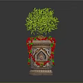 Decorative Planter With Green Plant Red Garland And Arch Design