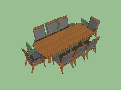 Wooden Dining Table Set With Eight Dark Seated Chairs And Simple Design 3d model