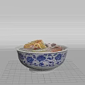 Delicious Noodle Soup in Blue and White Patterned Bowl with Meat and Vegetables