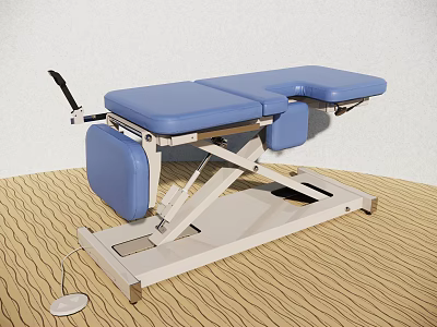 Medical Examination Table With Blue Padded Top Adjustable White Metal Frame And Foot Pedal Control 3d model