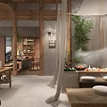 Serene Hotel Lounge Area With Wooden Table Potted Bamboo And Soft Lighting
