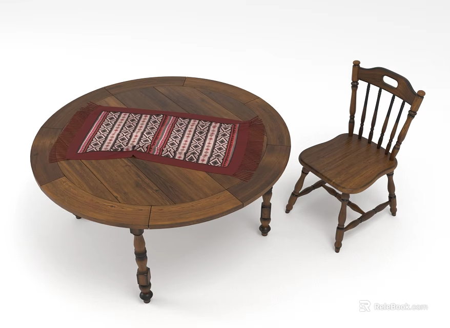 Round Wooden Dining Table Set With Red Patterned Table Runner And Chair 3d model