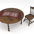 Round Wooden Dining Table Set With Red Patterned Table Runner And Chair 3d model
