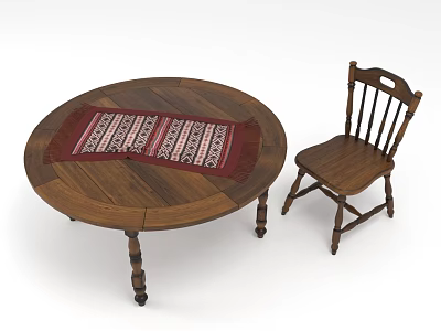 Round Wooden Dining Table Set With Red Patterned Table Runner And Chair 3d model