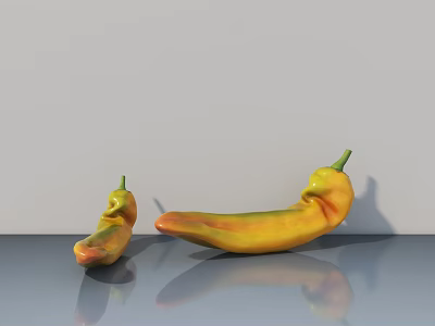 Large And Small Fresh Yellow Orange Peppers On Shiny Surface With Gray Background 3d model