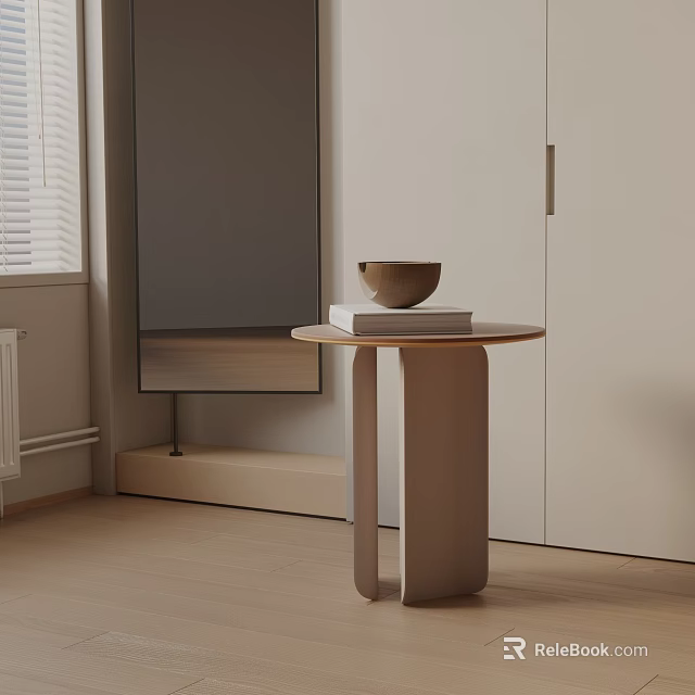 Modern Round Beige Wooden Side Table With Bowl On Stacked Books 3d model 