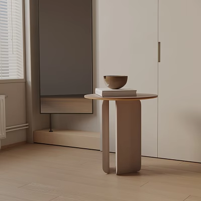 Modern Round Beige Wooden Side Table With Bowl On Stacked Books 3d model
