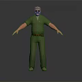 A Man in Green Uniform With Hat Sunglasses and Arms Outstretched Against Dark Background