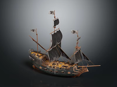Decorative Pirate Sailing Ship Model With Black Sails And Wooden Hull Design 3d model
