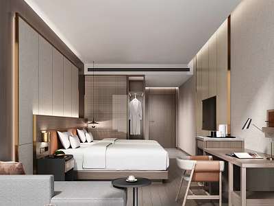 Modern Minimalist Hotel Room Interior With White Bed Bedside Lamps Sofa Desk And TV 3d model