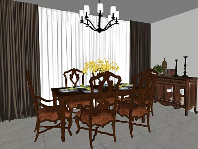 Wooden Dining Table Set With Carved Chairs Patterned Seats Yellow Flower Vase Chandelier And Curtains 3d model
