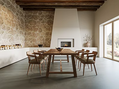 Rustic Restaurant Interior With Stone Wall Wooden Beam Ceiling Fireplace And Large Windows 3d model