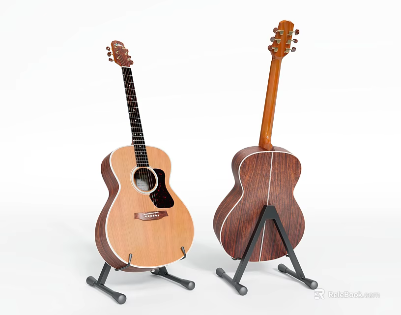 Acoustic Guitars On Stands For Musical Instrument Display With Wooden Bodies 3d model 