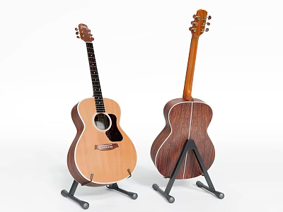 Acoustic Guitars On Stands For Musical Instrument Display With Wooden Bodies 3d model