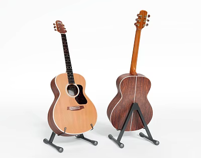 Acoustic Guitars On Stands For Musical Instrument Display With Wooden Bodies 3d model