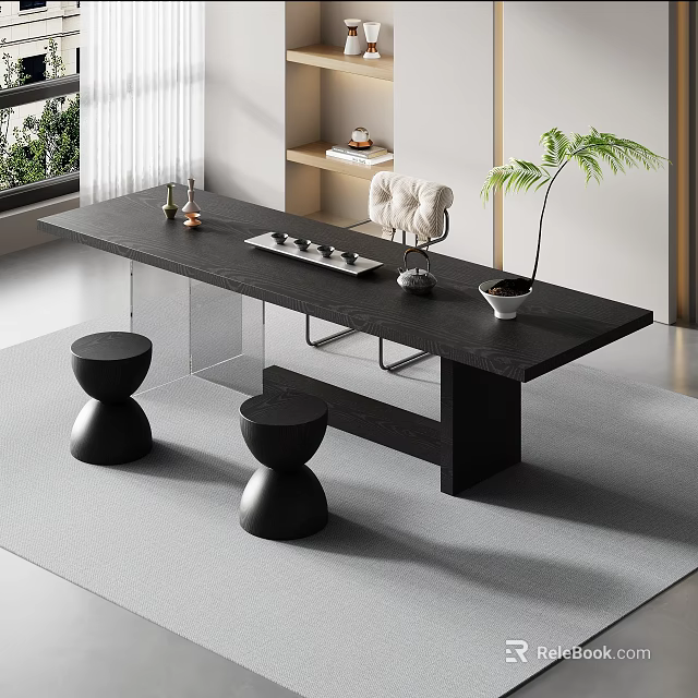 Modern Minimalist Tea Table and Chairs with Black Wooden Top Round Stools and Green Plant 3d model 