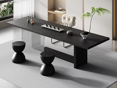 Modern Minimalist Tea Table and Chairs with Black Wooden Top Round Stools and Green Plant 3d model