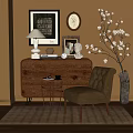Cozy Classic Wooden Console Side Cabinet With Drawers Armchair Table Lamp And Decorative Items