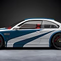 Stylish Blue And White Striped BMW Coupe Car With Black Wheels And Red Interior