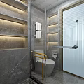 Modern Accessible Bathroom Design With Grey Marble Tile Glass Shower Nook And Safety Grab Bars