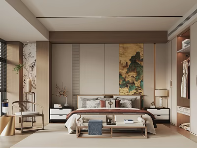 Traditional Chinese Bedroom Interior Design With Bed Nightstands Landscape Painting And Chair 3d model