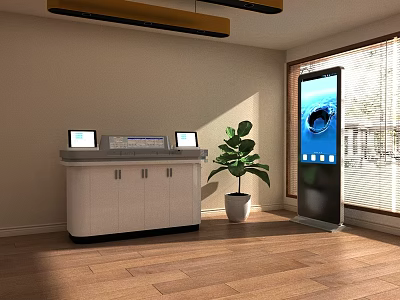 Modern Reception Area With Dual Screen Desk Digital Kiosk Potted Plant And Wooden Flooring 3d model