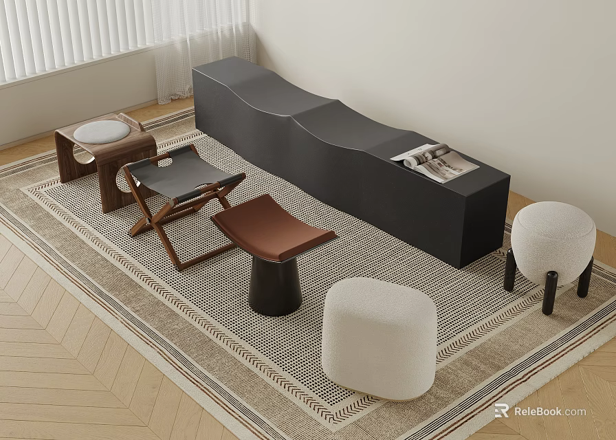 Diverse Stylish Stools with Wooden Leather and White Fabric Designs in Modern Living Room 3d model 