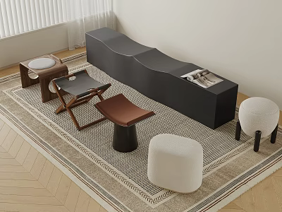 Diverse Stylish Stools with Wooden Leather and White Fabric Designs in Modern Living Room 3d model