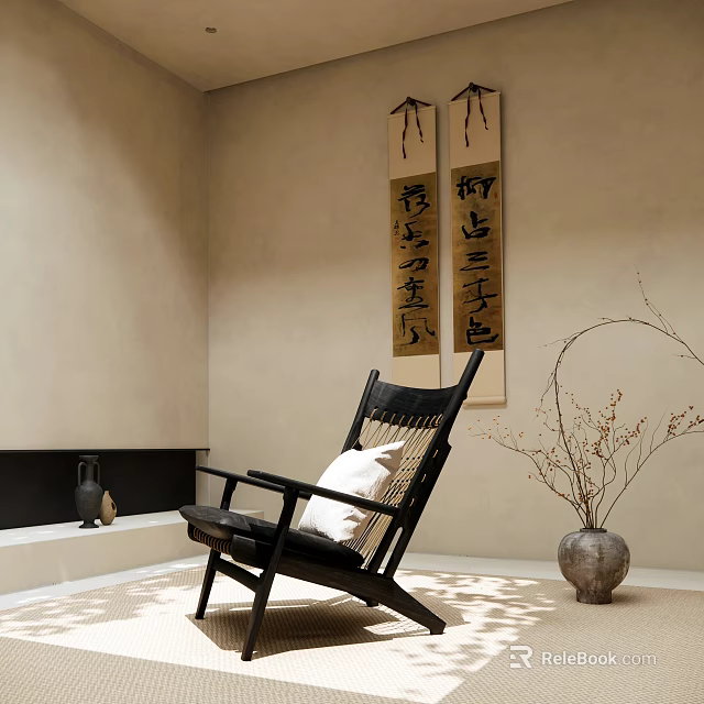 Japanese Style Black Lounge Chair In Serene Room With Calligraphy Scrolls And Vase 3d model 