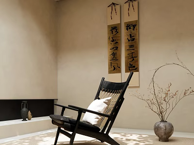 Japanese Style Black Lounge Chair In Serene Room With Calligraphy Scrolls And Vase 3d model